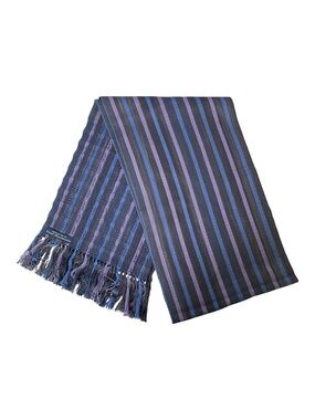 Sarah Beadsmoore Handwoven Pure Silk Scarf Striped Fringe Navy Purple Luxury
